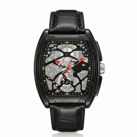 Black Skeleton Watch for Men | Square Dial with Leather Strap