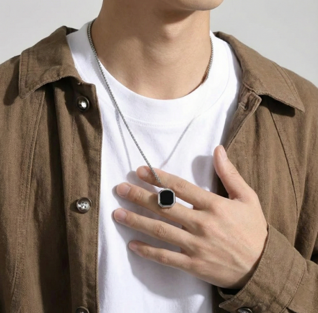 Men’s Silver Tone Chain Necklace – (Square Pendant)