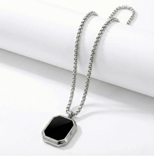 Men’s Silver Tone Chain Necklace – (Square Pendant)