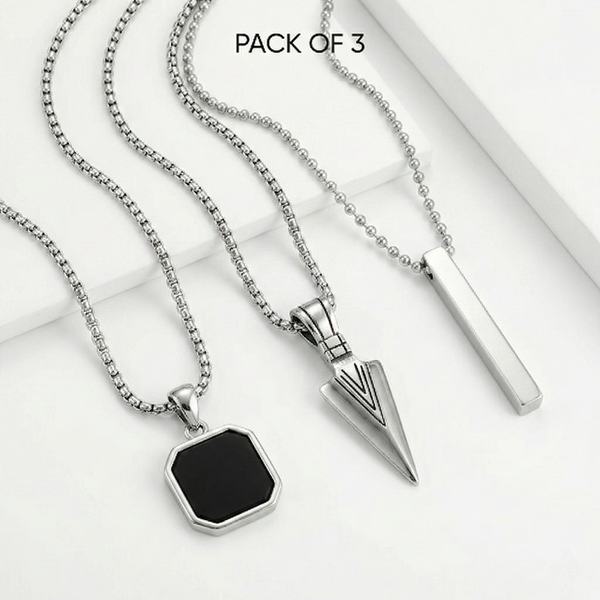 Men’s Silver Tone Chain Necklace Set – (Pack of 3)