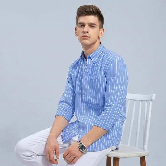Men Classic Blue White Striped Shirt Full Sleeve