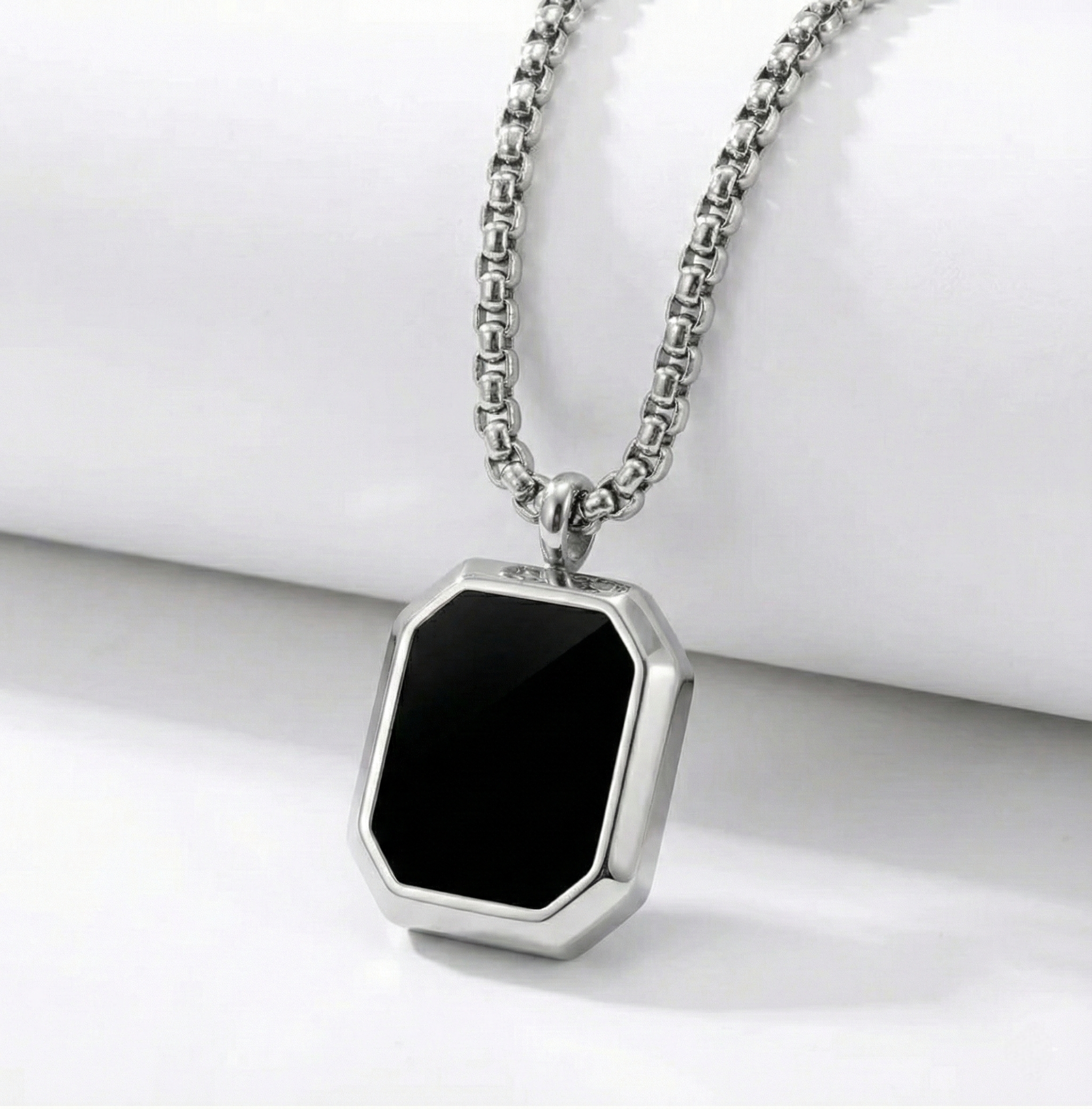 Men’s Silver Tone Chain Necklace – (Square Pendant)