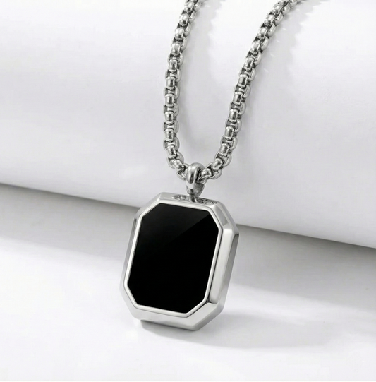 Men’s Silver Tone Chain Necklace – (Square Pendant)