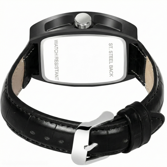 Black Skeleton Watch for Men | Square Dial with Leather Strap