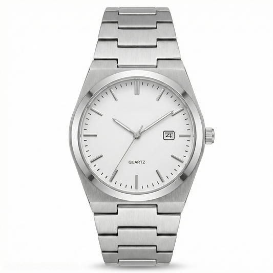 Silver Minimal Quartz Watch for Men | Metal Strap with Date Display